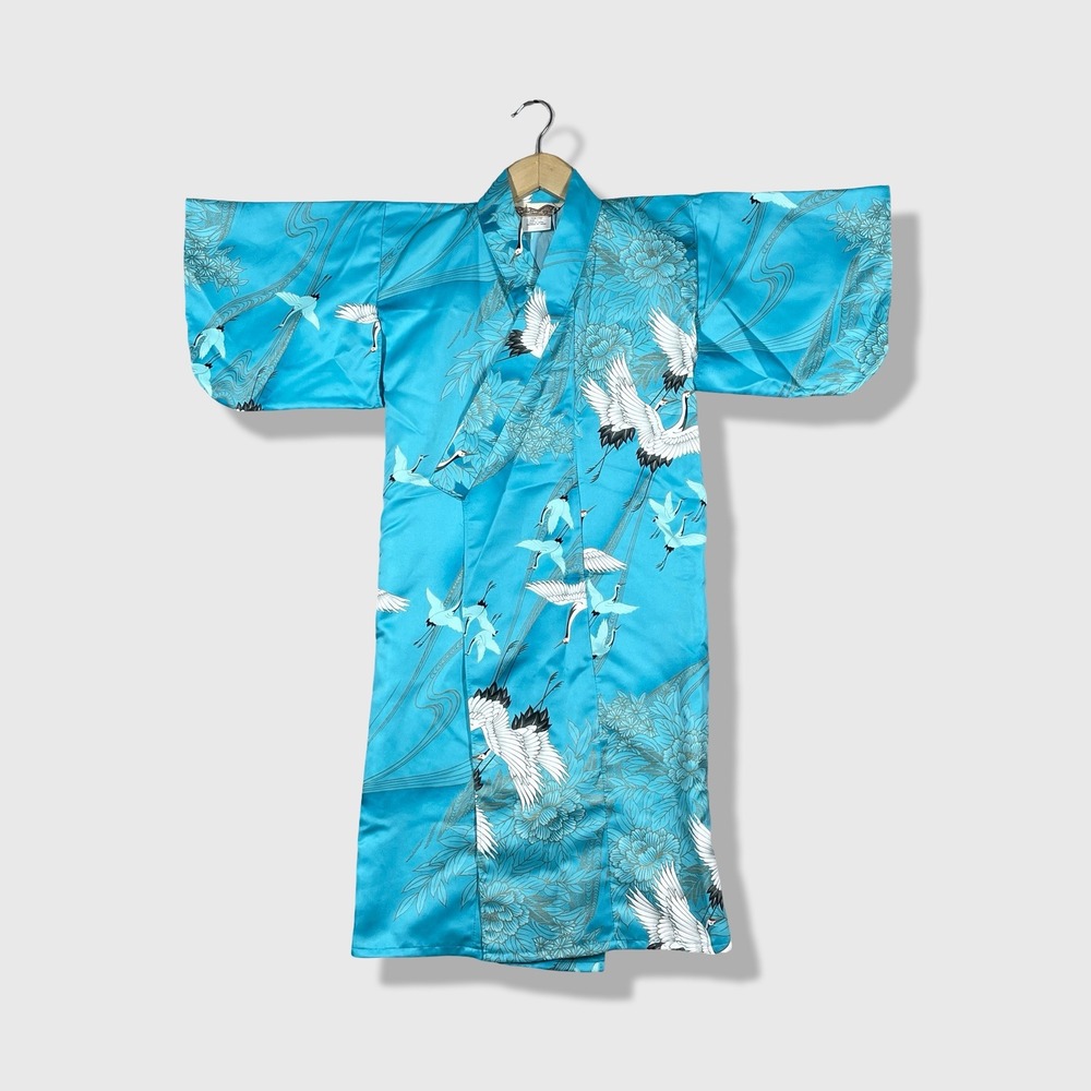 From Fire Kimono Robe Womens XS Blue Crane Bird Floral Satin Lounge W/ Belt